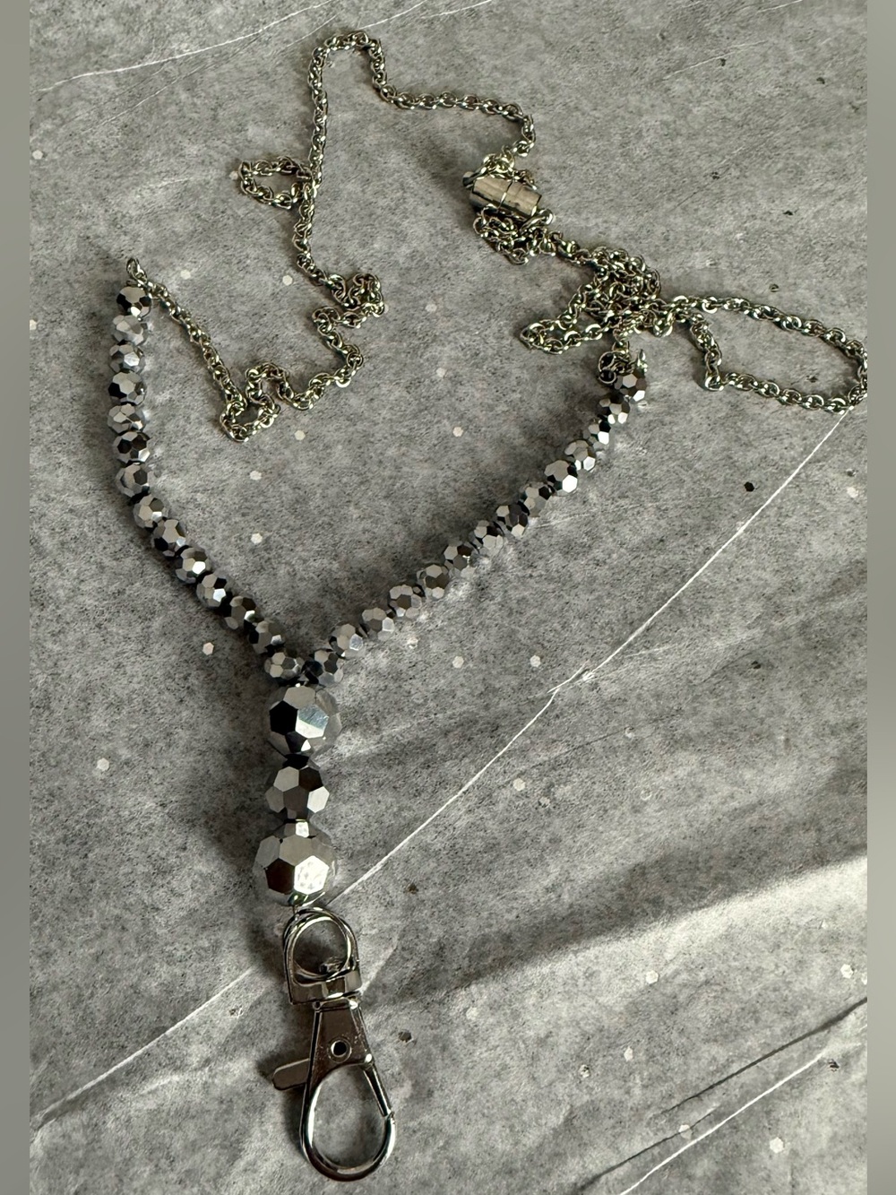 Silver Beaded Lanyard Necklace with Lobster Clasp - Women Jewelry